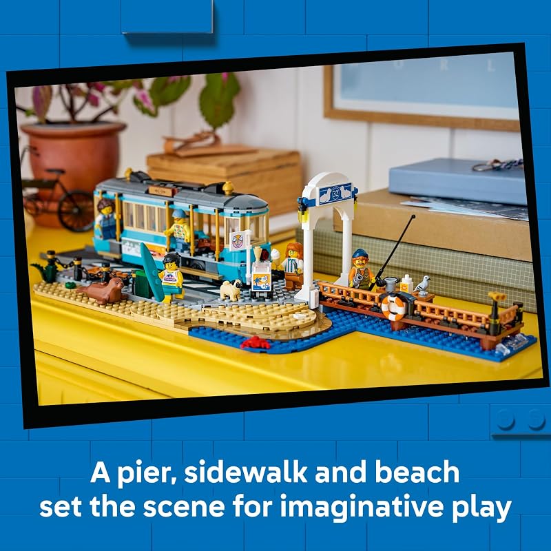 LEGO City Classic Beach Streetcar 60506 Building Toys for Boys Girls Ages 7 Trolley Playset for Pretend Play 5 Minifigures 693 pieces Gift for Birthdays