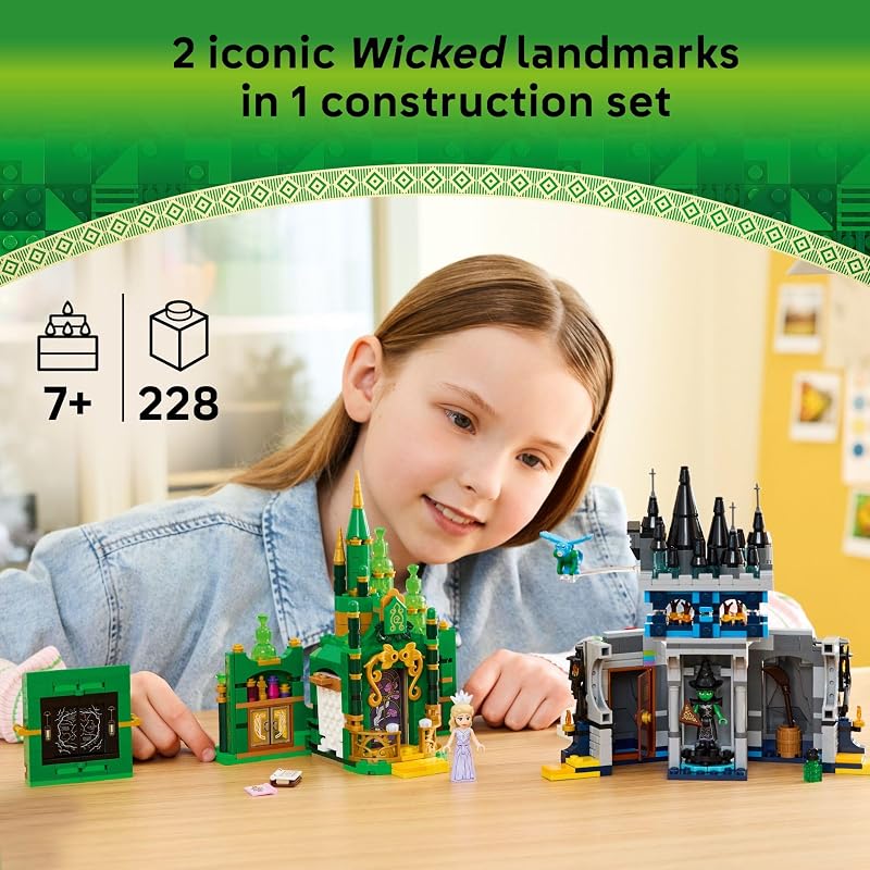 LEGO Wicked Emerald City Kiamo Ko Castle Building Toy Elphaba Glinda Toy Figures 2 Buildable Playsets Flying Monkey Minifigure for Kids Ages 9 Wicked Merch Gift for Girls Boys 75689