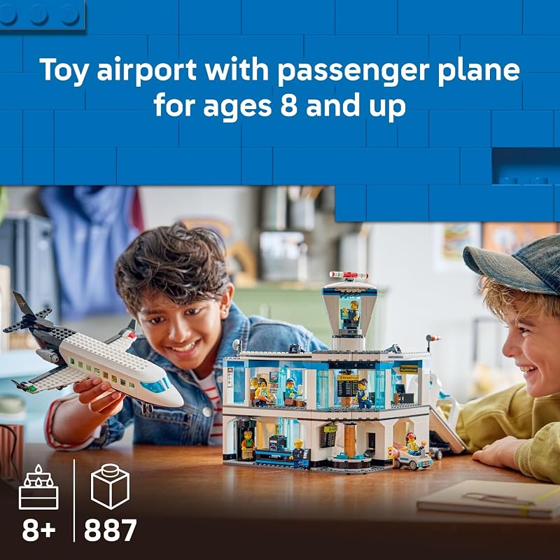 LEGO City Airport with Airplane Building Toy Building Toy for Kids Pretend Play Travel Set for Boys Girls Ages 8 Includes 9 Minifigures Gift Idea for Birthdays 60502