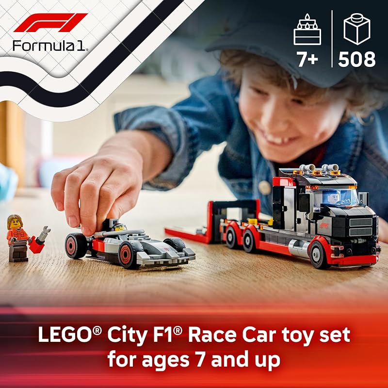 LEGO City F1 Display Truck with Audi F1 Race Car Building Toy for Boys Girls Ages 7 F1 Car Toy for Pretend Play Gift for Birthdays 60493