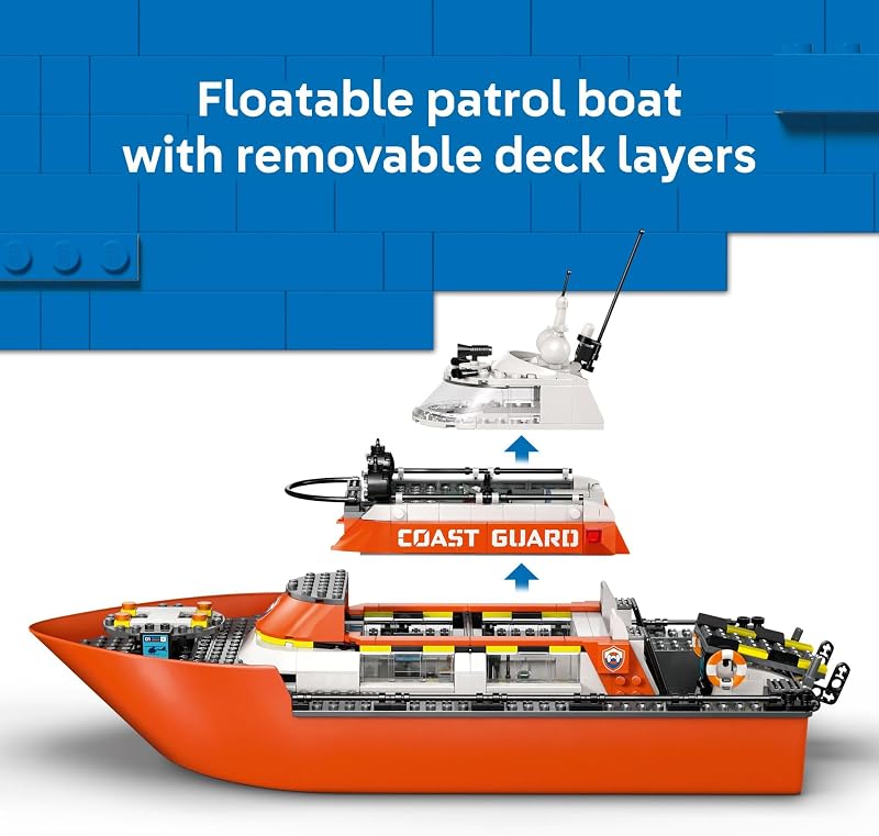LEGO City Coast Guard Rescue Boat Helicopter Building Toys Kids Pretend Play Set for Boys Girls Ages 7 W 2 Rescue Boat Toys 5 Minifigures Dog Figure Gift Idea for Birthdays 60504