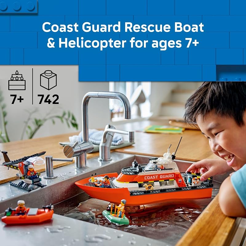 LEGO City Coast Guard Rescue Boat Helicopter Building Toys Kids Pretend Play Set for Boys Girls Ages 7 W 2 Rescue Boat Toys 5 Minifigures Dog Figure Gift Idea for Birthdays 60504