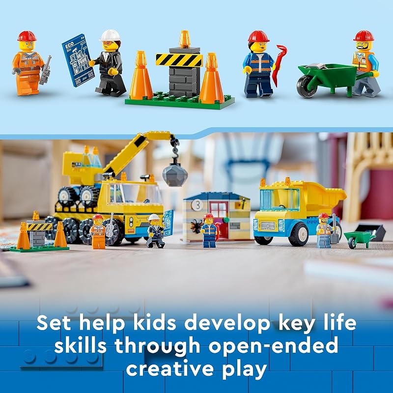 LEGO City Construction Trucks and Wrecking Ball Crane 60391 Building Toy Set for Toddler Kids Ages 4 Includes 3 Construction Vehicles an Abandoned House and 3 Minifigures for Pretend Play