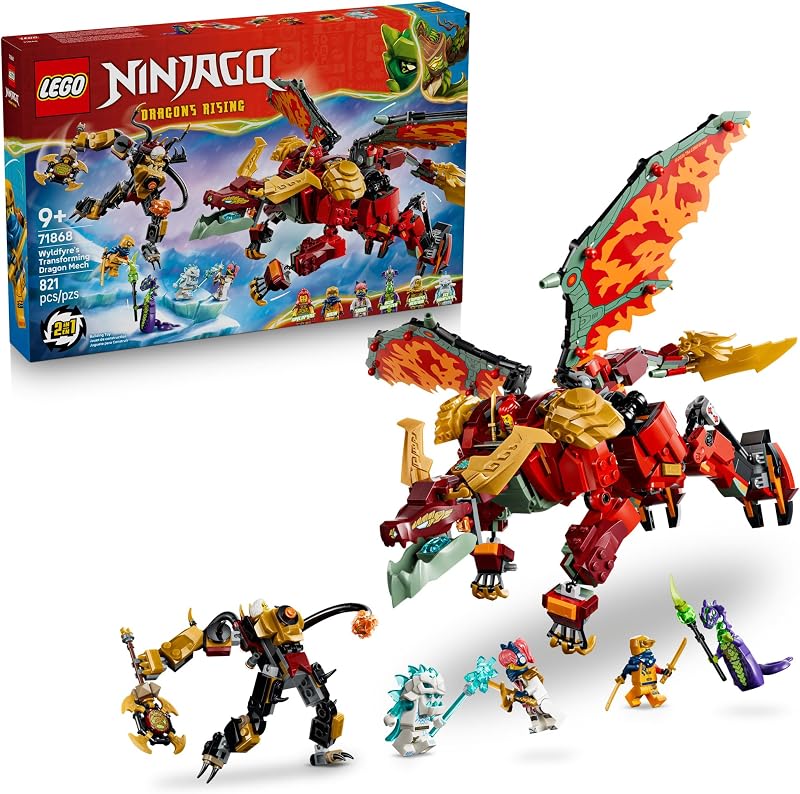 LEGO NINJAGO Wyldfyres Transforming Dragon Mech 71868 Building Toys for Boys Girls Ages 9 Mech Action Figure Dragon Toy Pretend Play 6 Minifigures 821 pieces Gift Idea