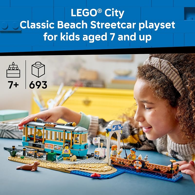LEGO City Classic Beach Streetcar 60506 Building Toys for Boys Girls Ages 7 Trolley Playset for Pretend Play 5 Minifigures 693 pieces Gift for Birthdays
