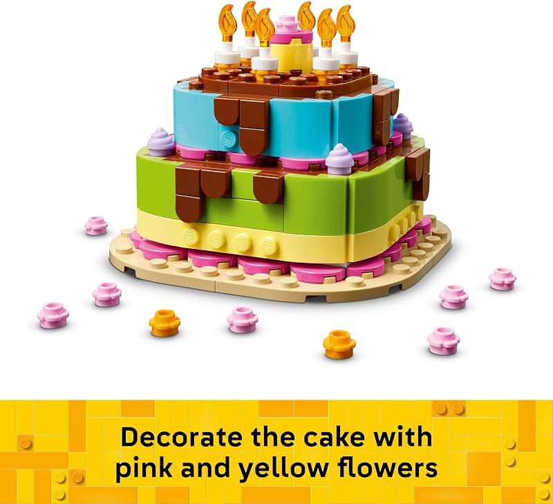 LEGO Birthday Party Cake Building Toy for Boys Girls Ages 7 Birthday Decoration with 10 Candle Accessories Craft for Kids 40815