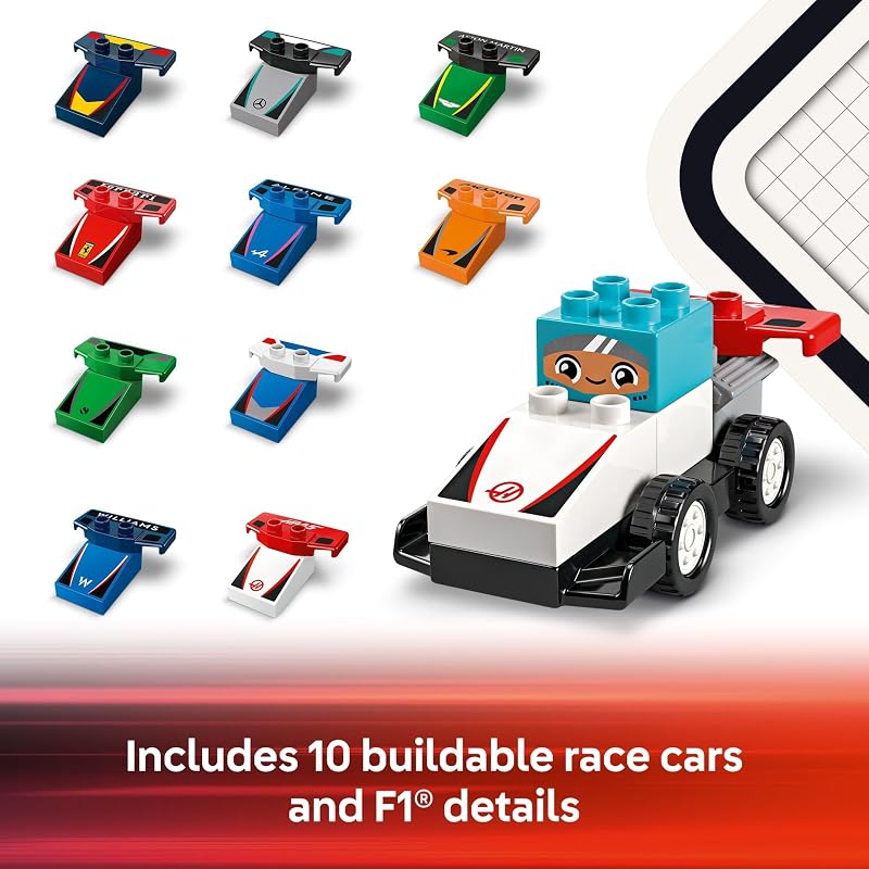 LEGO DUPLO Town F1 Team Race Cars Drivers Building Toy Playset Toddler Toy Cars for Pretend Play Boys and Girls Ages 2 Learning and Educational Gift for Preschool 10445