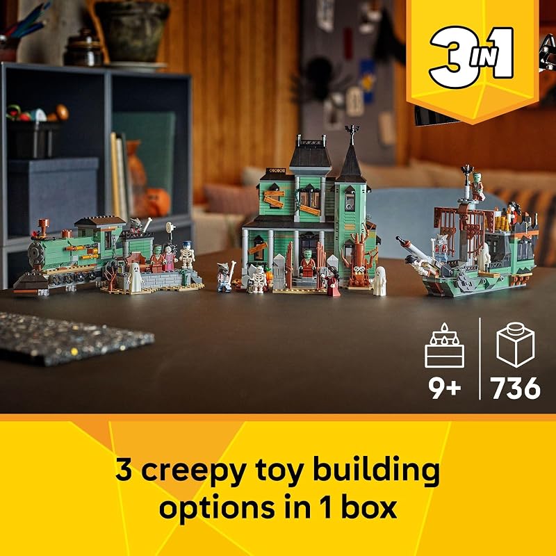 LEGO Creator 3 in 1 Haunted Mansion Building Toy for Kids Halloween Building Blocks Learning Toy for Girls Boys Ages 9 Build a Haunted House Train or Ship Gift for Birthdays 31167