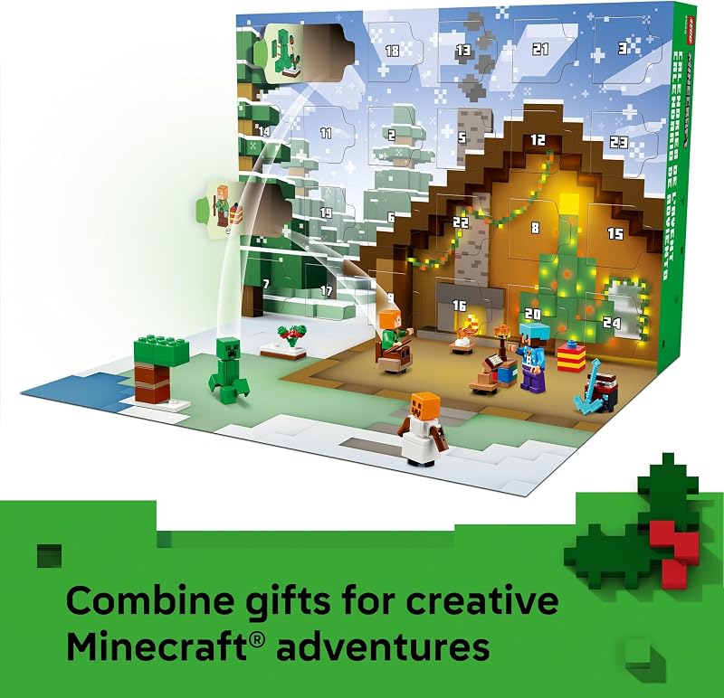 LEGO Minecraft Advent Calendar 2025 Building Toy Kids Holiday Countdown Set for Boys Girls Ages 7 24 Buildable Surprises 8 Minifigures for Gamers Collectible Gift for Christmas 21280