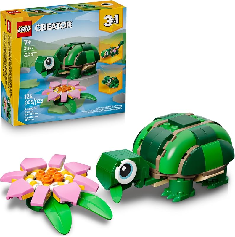 LEGO Creator 3 in 1 Turtle with a Water Lily Flower Building Toy for Girls Boys Kids Build a Chameleon Frog or Turtle Toy Figure Gift Idea for Animal Lovers Ages 7 31377