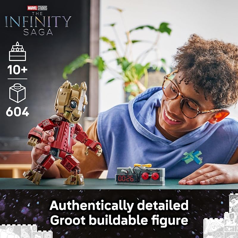 LEGO Marvel Ravager Jumpsuit Groot Building Toy for Boys Girls Ages 10 Posable Display Play Figure W Detonator Device Gift Idea for Birthdays 76341