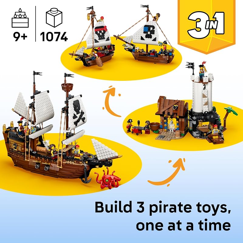 LEGO Creator 3 in 1 Iconic Pirate Ship Toy Building Set for Boys Girls Ages 9 Includes 5 Minifigures Gift for Kids Birthdays 31387