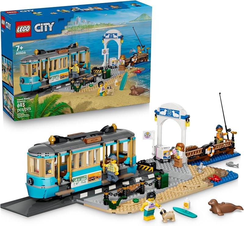 LEGO City Classic Beach Streetcar 60506 Building Toys for Boys Girls Ages 7 Trolley Playset for Pretend Play 5 Minifigures 693 pieces Gift for Birthdays