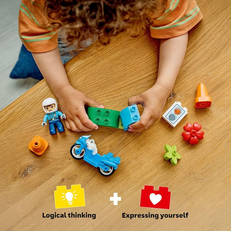 LEGO DUPLO Town Blue Police Motorcycle Building Toy for Toddlers Pretend Play Set Learning Toy for Boys Girls Ages 2 Building Blocks for Motor Skills Practice Gift for Birthdays 10471