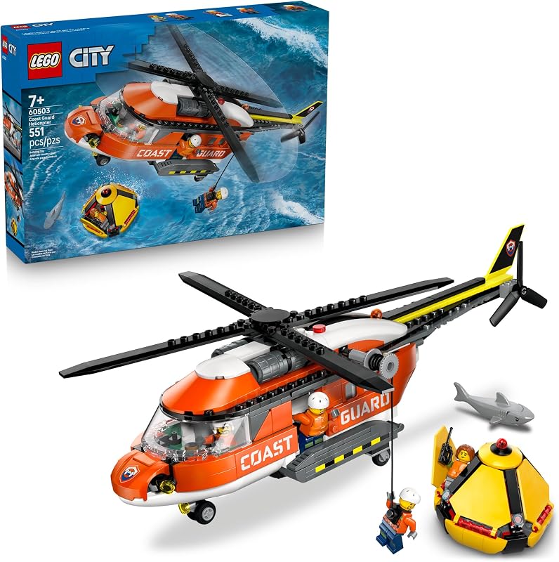 LEGO City Coast Guard Helicopter Building Toy for Kids Pretend Play Emergency Response Set for Boys Girls Ages 7 Includes 4 Minifigures Shark Rescue Pod Gift Idea for Birthdays 60503
