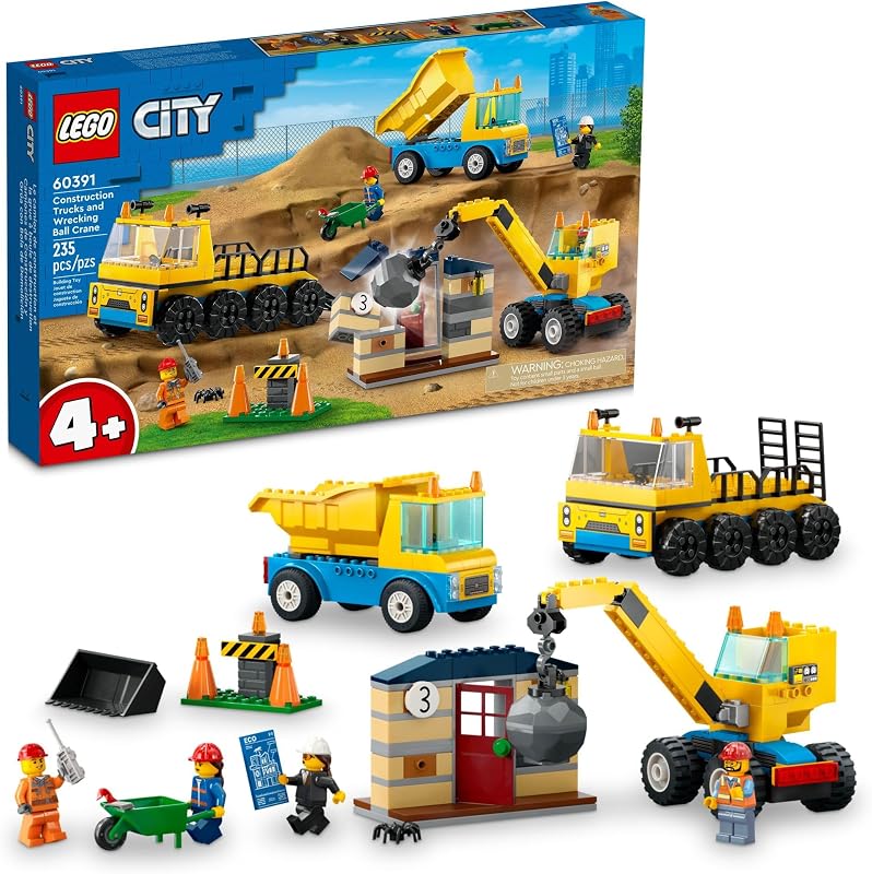 LEGO City Construction Trucks and Wrecking Ball Crane 60391 Building Toy Set for Toddler Kids Ages 4 Includes 3 Construction Vehicles an Abandoned House and 3 Minifigures for Pretend Play