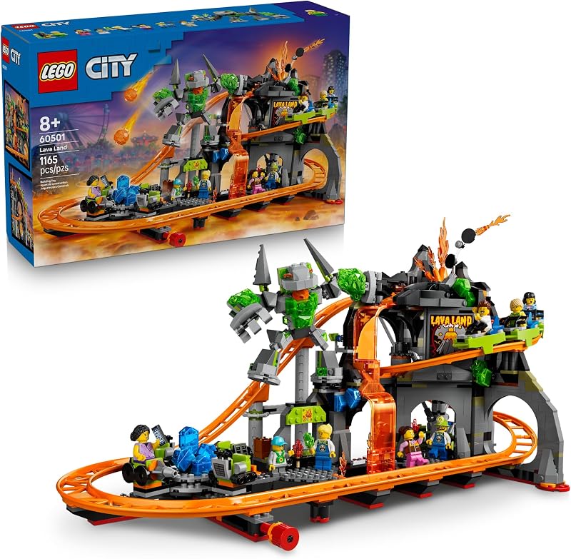 LEGO City Lava Land Roller Coaster Park 60501 Building Toys for Boys Girls Ages 8 Functioning Rides 8 Minifigures 1165 pieces Gift for Birthdays