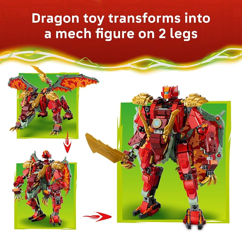 LEGO NINJAGO Wyldfyres Transforming Dragon Mech 71868 Building Toys for Boys Girls Ages 9 Mech Action Figure Dragon Toy Pretend Play 6 Minifigures 821 pieces Gift Idea