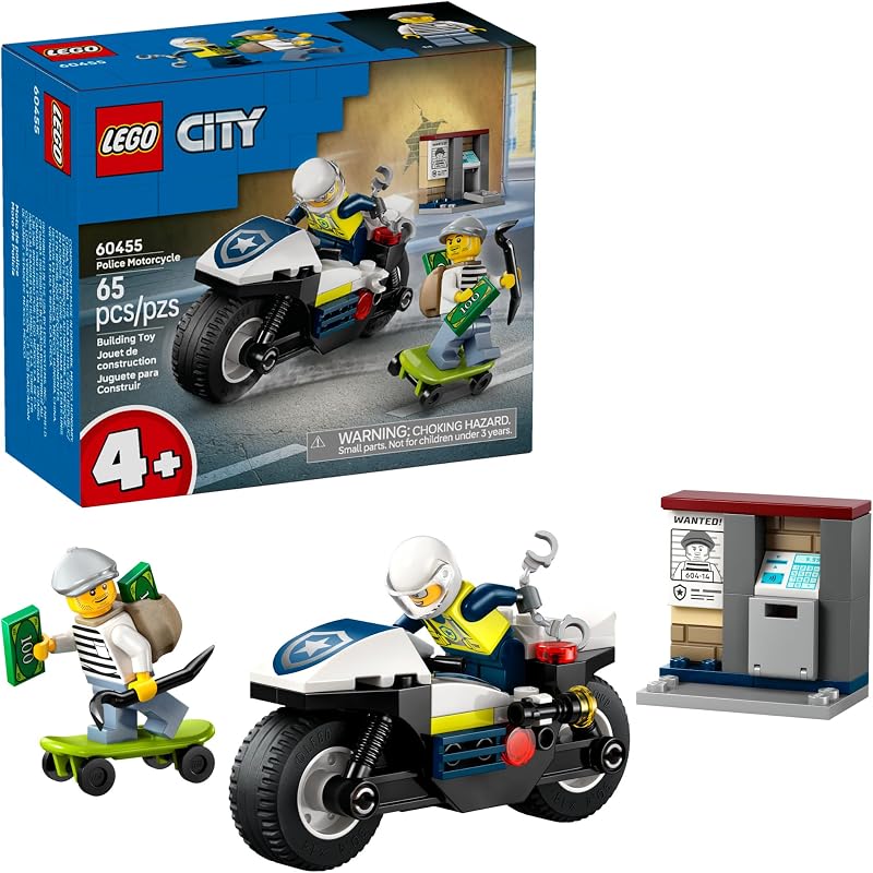 LEGO City Police Motorcycle Chase Building Toy for Kids Pretend Play Building Blocks for Boys Girls Ages 4 Preschool Learning Toy W Police Crook Minifigures Gift for Birthdays 60455