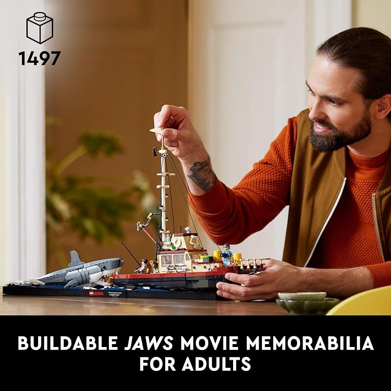 LEGO Ideas Jaws Set Diorama Kit for Fans of the Classic Movie Shark Toy Movie Memorabilia Gift for Adults Includes Orca Boat and Chief Brody Hooper and Quint Minifigures 21350