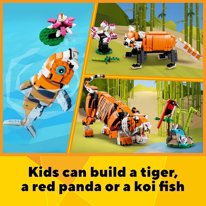 LEGO Creator 3 in 1 Majestic Tiger Building Set Transforms from Tiger to Panda or Koi Fish Set Animal Figures Collectible Building Toy Gifts for Kids Boys Girls 9 Plus Years Old 31129