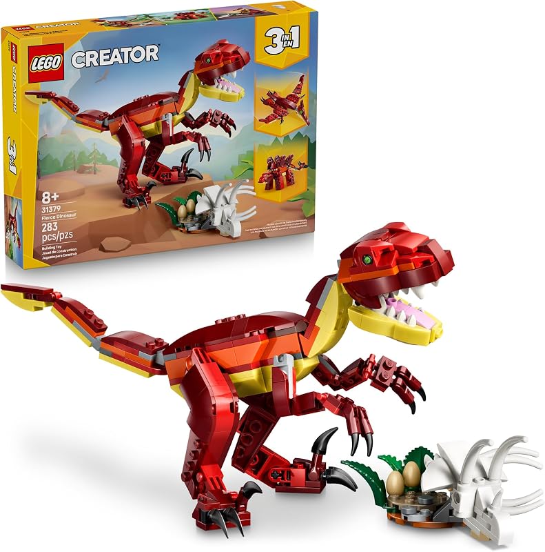 LEGO Creator 3 in 1 Fierce Dinosaur Building Toy for Boys Girls Ages 8 Gift for Birthdays Kids Build 1 of 3 Prehistoric Animal Figures 31379