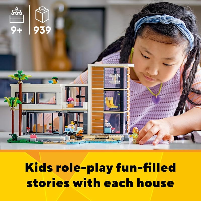 LEGO Creator 3 in 1 Modern House 31153 Back to School Gift for Students Building Toy Girls Boys Ages 9 3 Building Options 939 pieces 2 Minifigures