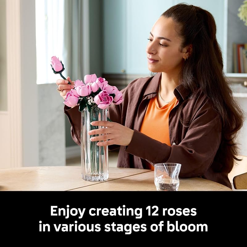 LEGO Botanicals Bouquet of Pink Roses Artificial Flowers Building Blocks for Adults Ages 18 Gifts for Birthdays for Her Flowers for Home Office Shelf or Room Decor 10374