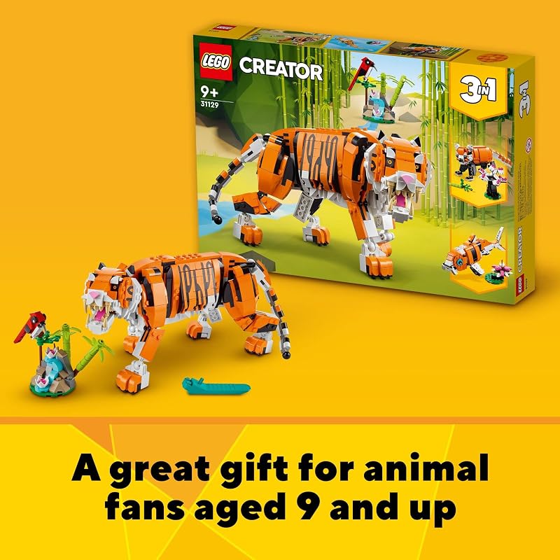 LEGO Creator 3 in 1 Majestic Tiger Building Set Transforms from Tiger to Panda or Koi Fish Set Animal Figures Collectible Building Toy Gifts for Kids Boys Girls 9 Plus Years Old 31129