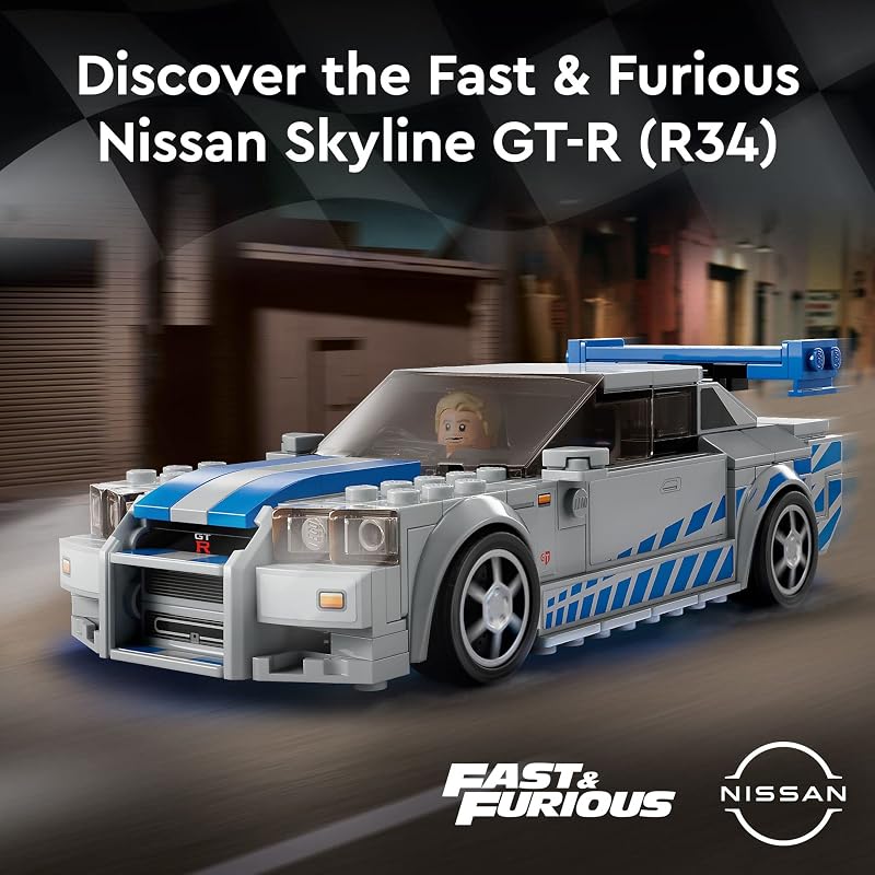 LEGO Speed Champions 2 Fast 2 Furious Nissan Skyline GT R R34 Race Car Toy Model Building Kit Collectible with Racer Minifigure 2023 Set for Kids Boys and Girls Ages 9 and Up 76917