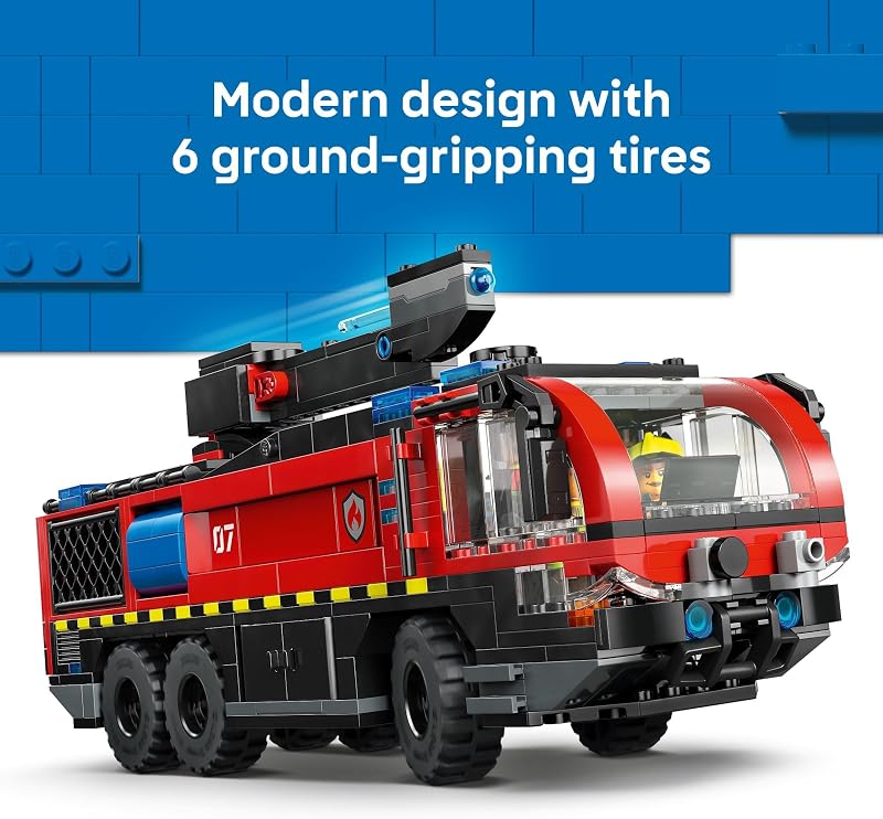 LEGO City Airport Fire Truck Kids Building Toy Pretend Play Emergency Vehicle for Boys Girls Ages 7 Fire Engine Toy W 4 Firefighter Minifigures Gift Idea for Birthdays 60499