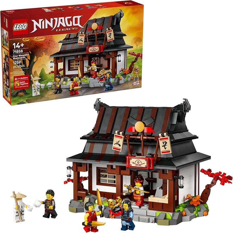 LEGO NINJAGO Four Weapons Blacksmith 15th Anniversary Building Toy for Kids Ages 14 Ninja Playset W Collectible Elemental Master of Earth 4 Minifigures Gift Idea for Teen Boys Girls 71858